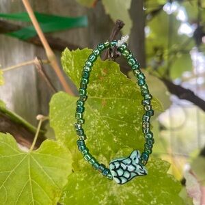 Green Beaded Bracelet with Turtle Charm